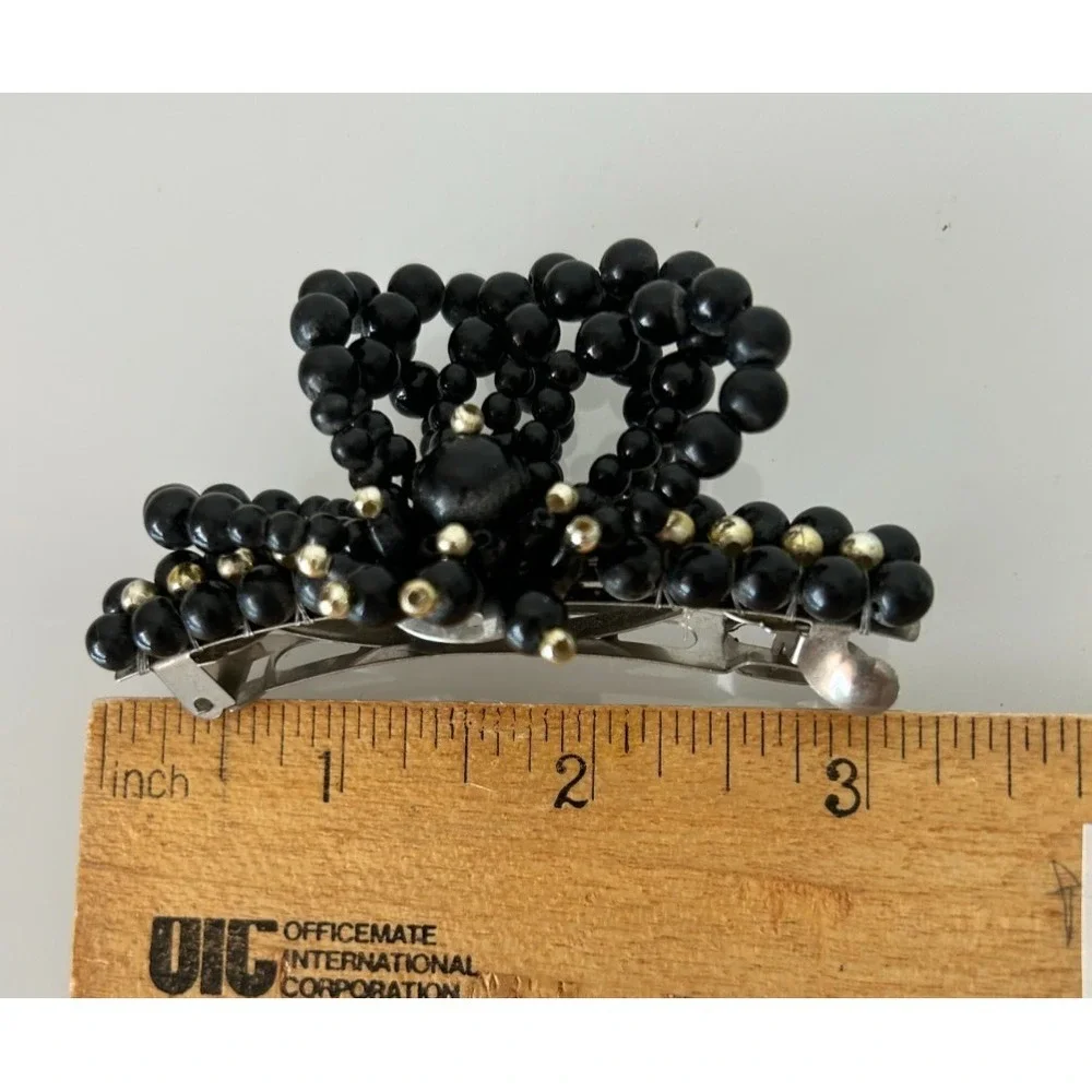 Vintage Black Beaded Bow Hair Barrette French Clip Mid Century Retro Black Pearl